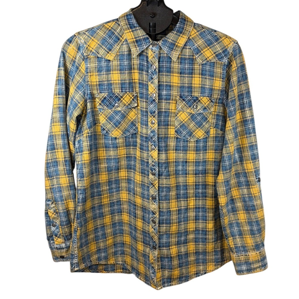 Orvis Womens Yellow Blue Plaid Western Cotton Button Down Shirt Size M